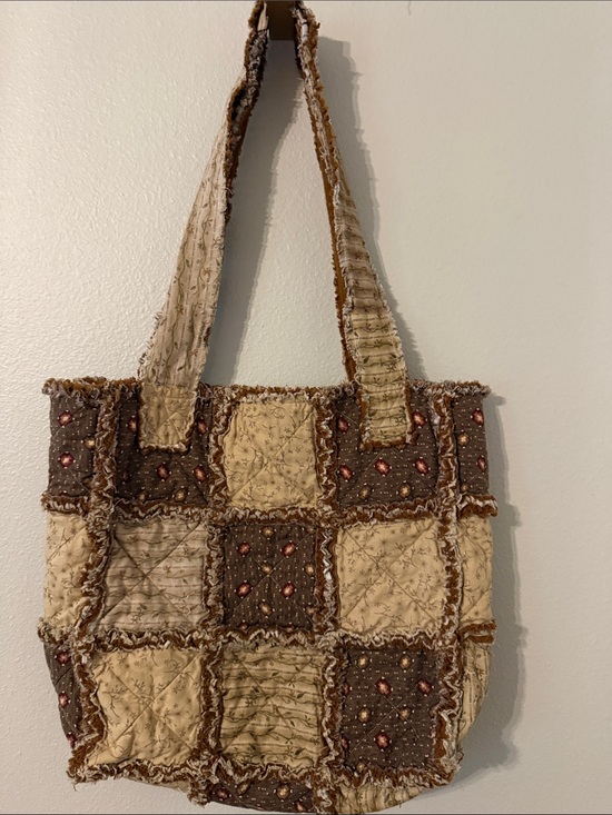 Handmade Handbags - Handmade Rag Quilted Patchwork Tote Bag in Beige and Brown Snap Closure.